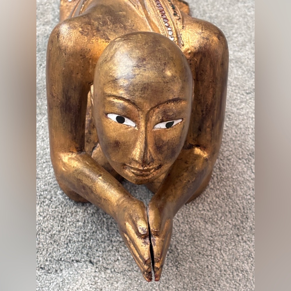 19th Century Burmese Buddhist Praying Monk 18” Hand-Carved Gilded Lacquered Wood